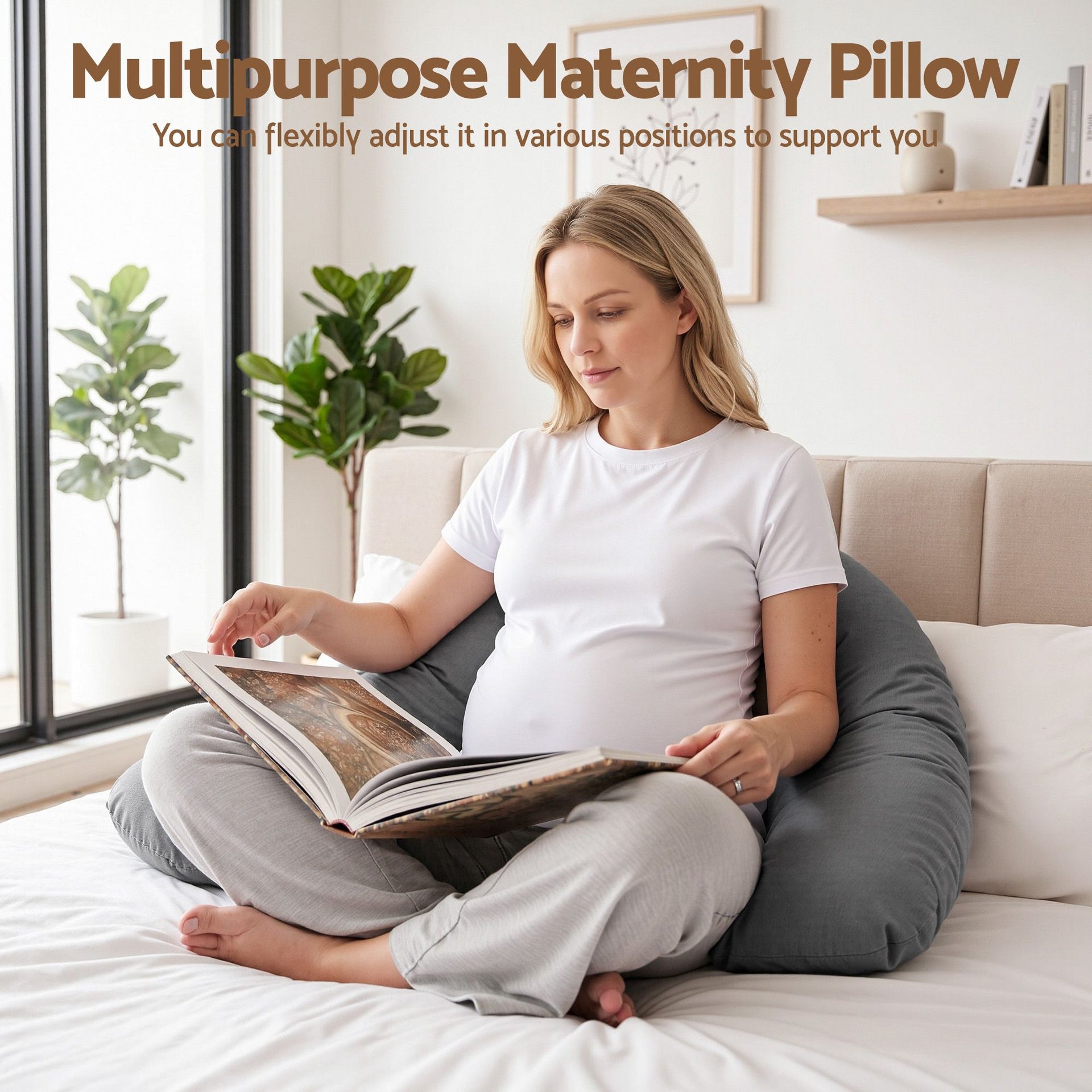 Giselle Bedding Pregnancy Pillow for Side Sleeping L-Shaped Maternity Body Pillow for Women 100% Cotton Jersey Cover for Head Neck Belly Support, 63x115 cm Grey Awezingly