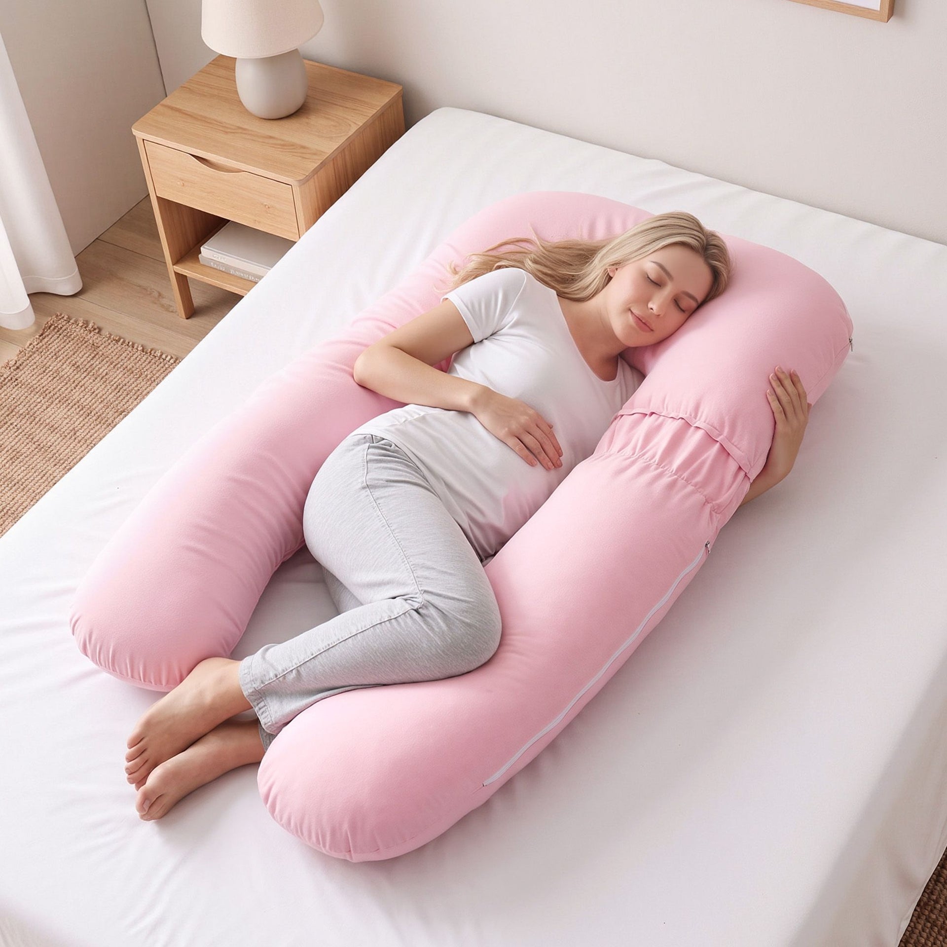 Giselle Bedding Pregnancy Pillow U Shaped Full Body Pillow with 100% Cotton Jersey Cover Maternity Pillow for Sleeping Reading, Pink, 73x133cm Awezingly