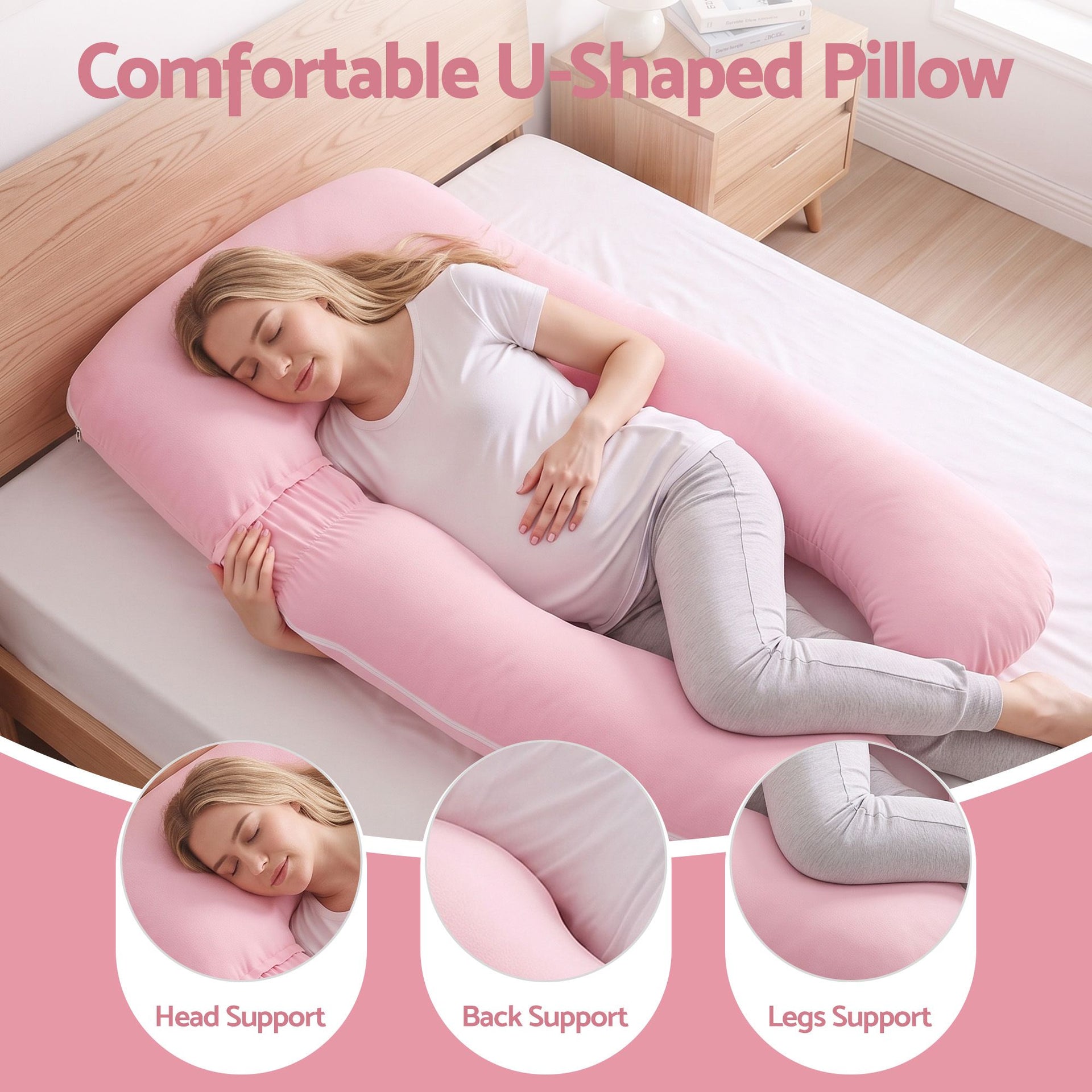 Giselle Bedding Pregnancy Pillow U Shaped Full Body Pillow with 100% Cotton Jersey Cover Maternity Pillow for Sleeping Reading, Pink, 73x133cm Awezingly