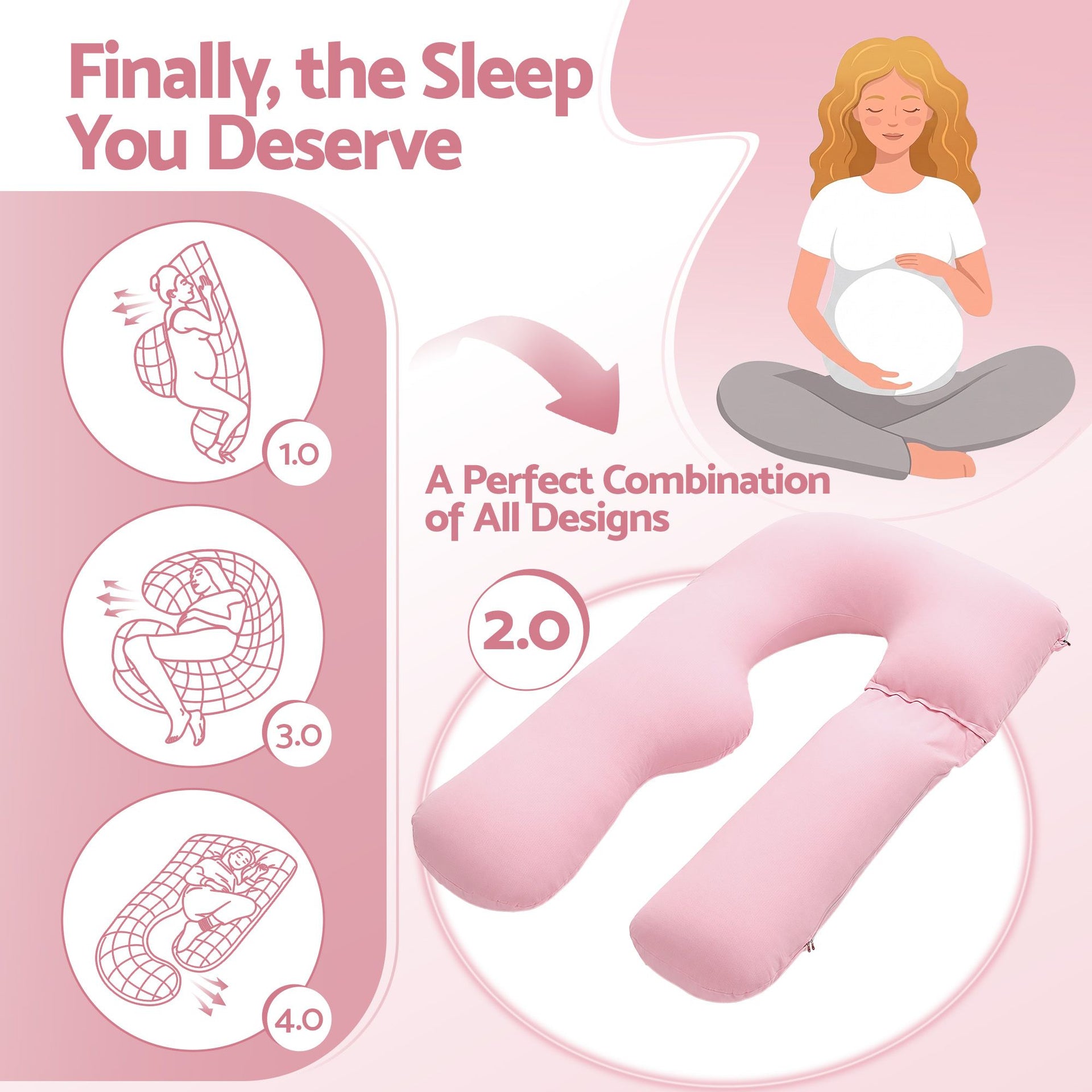 Giselle Bedding Pregnancy Pillow U Shaped Full Body Pillow with 100% Cotton Jersey Cover Maternity Pillow for Sleeping Reading, Pink, 73x133cm Awezingly