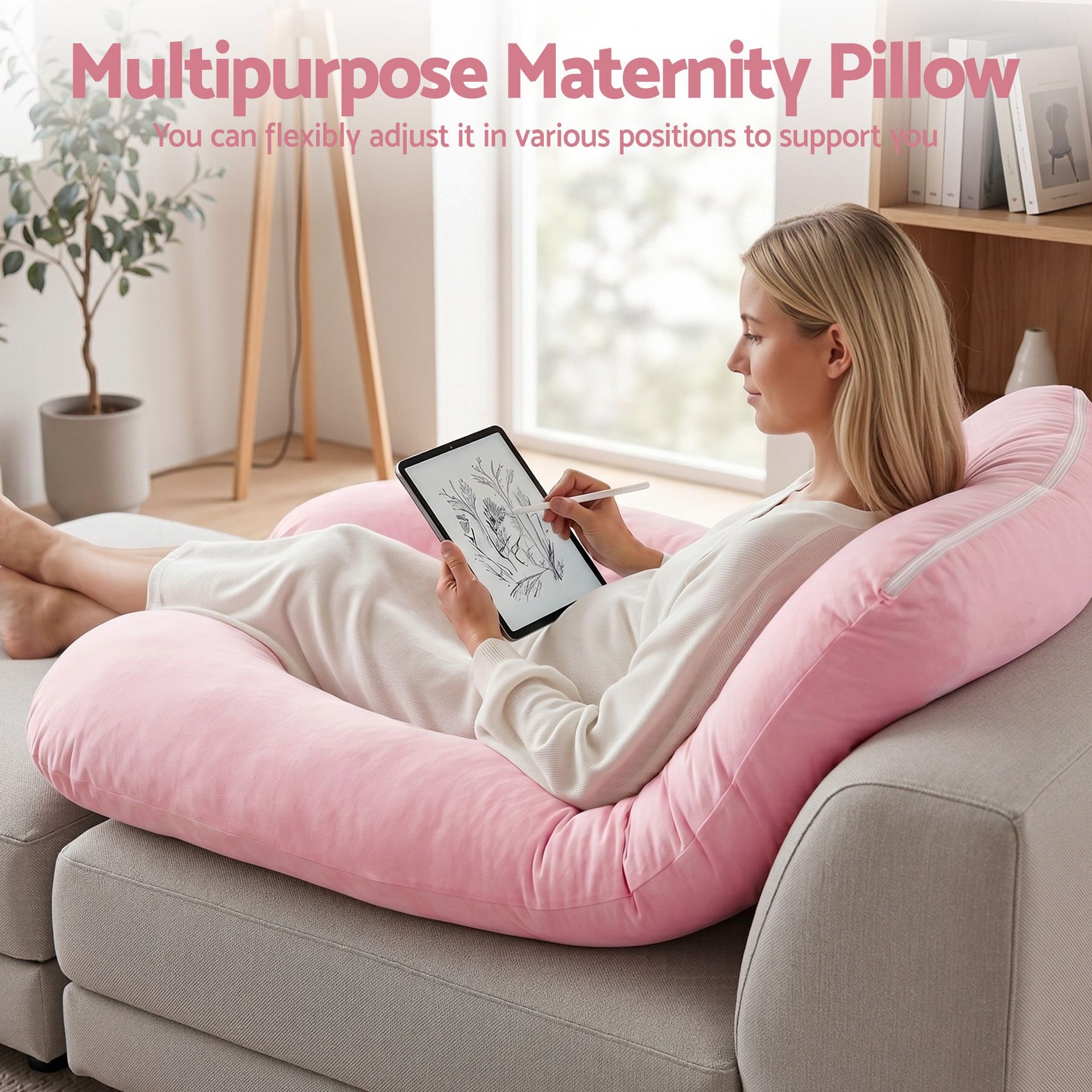Giselle Bedding Pregnancy Pillow U Shaped Full Body Pillow with 100% Cotton Jersey Cover Maternity Pillow for Sleeping Reading, Pink, 73x133cm Awezingly