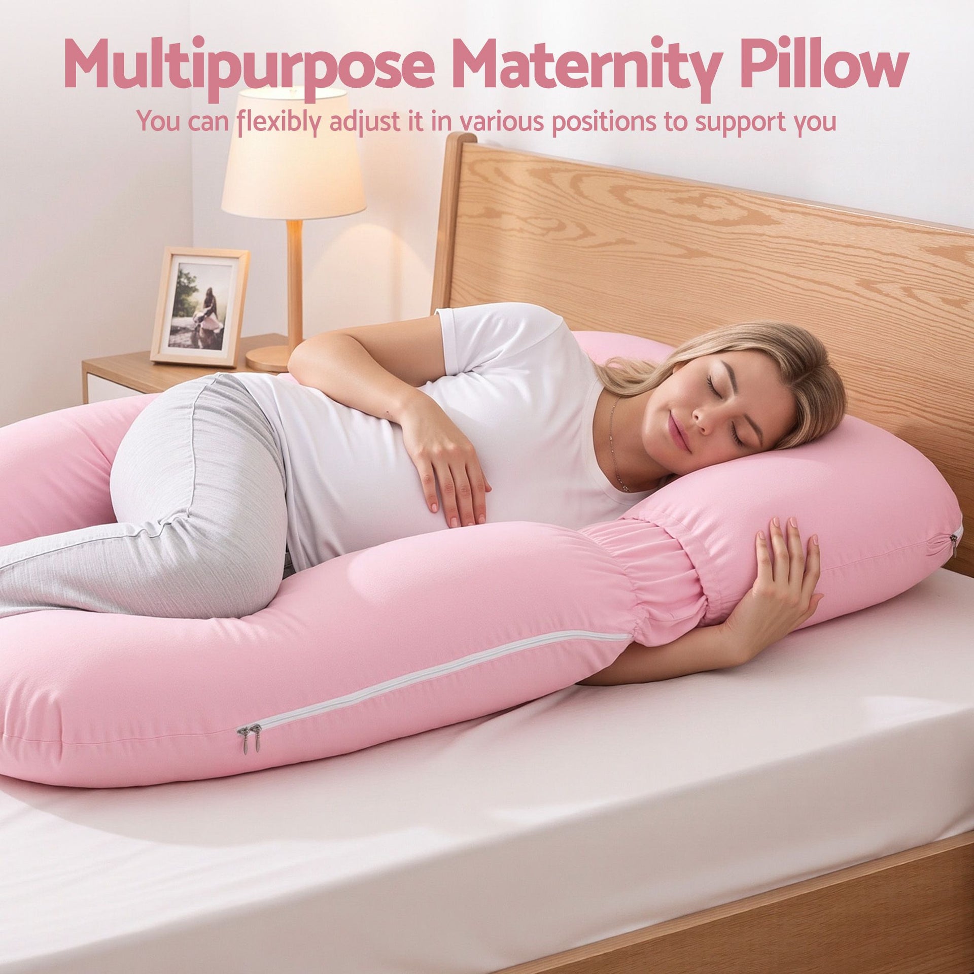 Giselle Bedding Pregnancy Pillow U Shaped Full Body Pillow with 100% Cotton Jersey Cover Maternity Pillow for Sleeping Reading, Pink, 73x133cm Awezingly