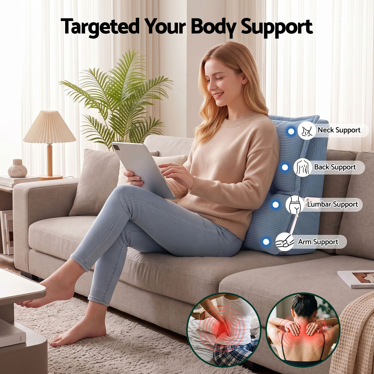Giselle Reading Pillow For Sitting In Bed, No-Sag 25D Foam Base, Modular Backrest With Dual Pockets For Gaming, 52x51x26cm Corduroy Cover Awezingly