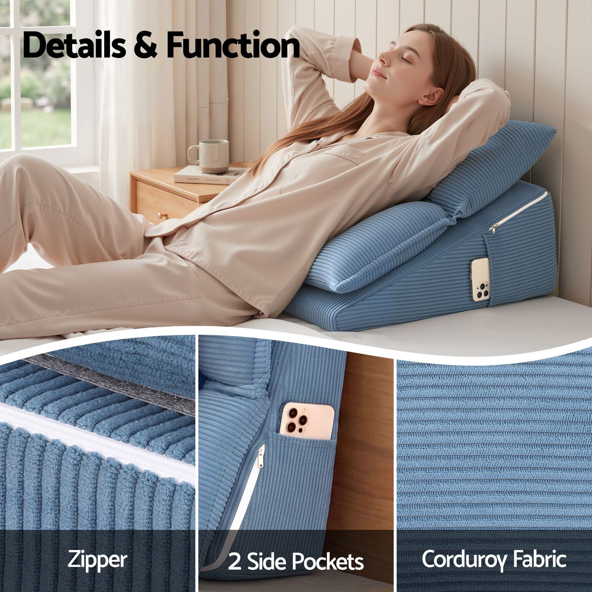 Giselle Reading Pillow For Sitting In Bed, No-Sag 25D Foam Base, Modular Backrest With Dual Pockets For Gaming, 52x51x26cm Corduroy Cover Awezingly