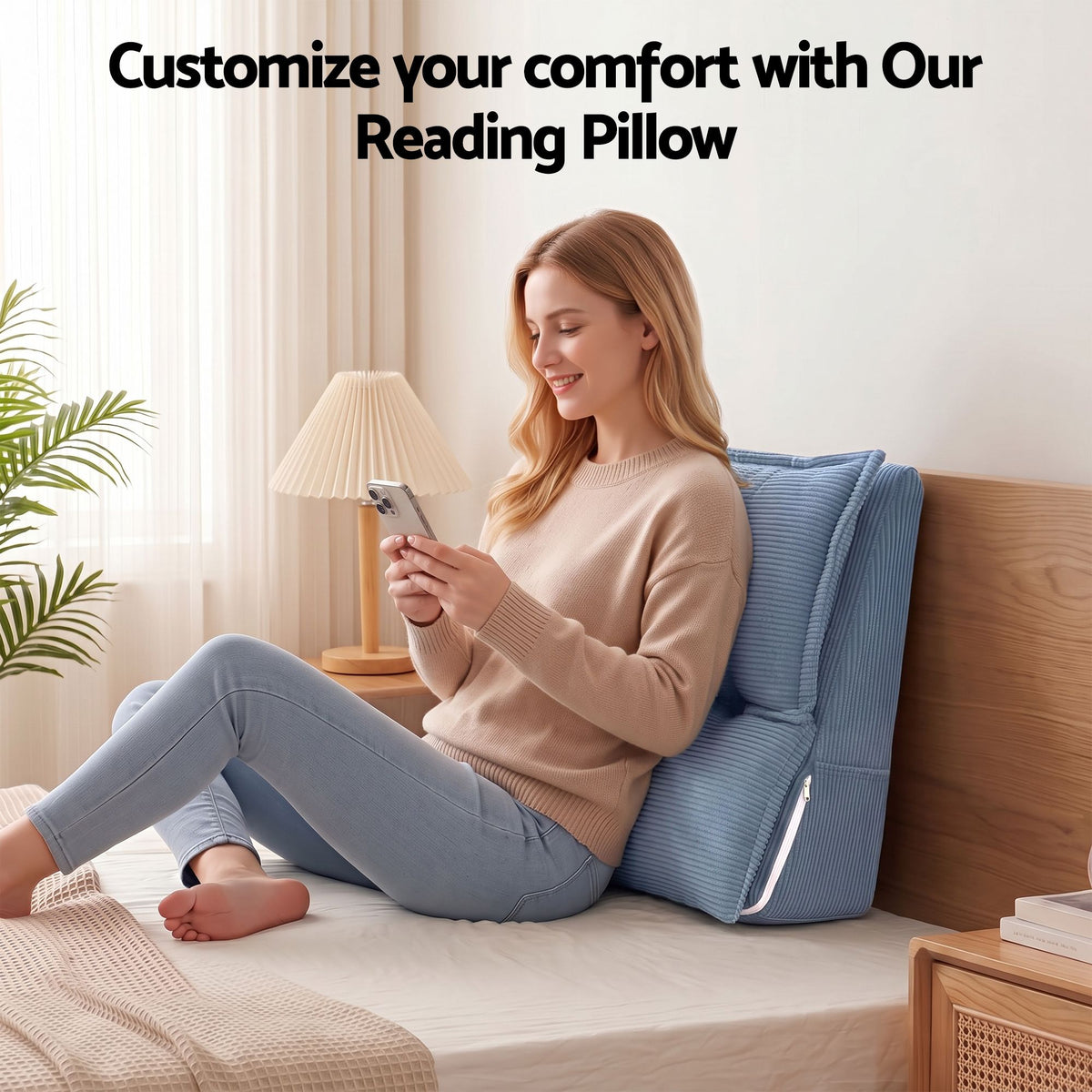Giselle Reading Pillow For Sitting In Bed, No-Sag 25D Foam Base, Modular Backrest With Dual Pockets For Gaming, 52x51x26cm Corduroy Cover Awezingly