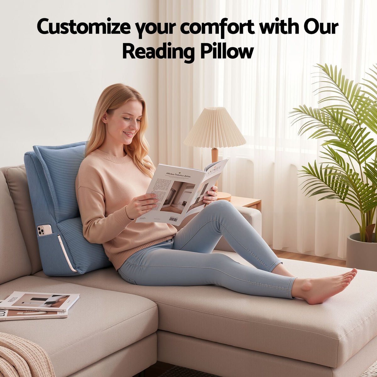 Giselle Reading Pillow For Sitting In Bed, No-Sag 25D Foam Base, Modular Backrest With Dual Pockets For Gaming, 52x51x26cm Corduroy Cover Awezingly