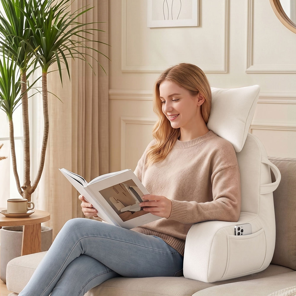 Giselle Bedding Reading Pillow with Detachable Neck Roll & Armrests Sit Up Pillow for Bed Back Support Pillow for Watching TV & Gaming Beige Awezingly