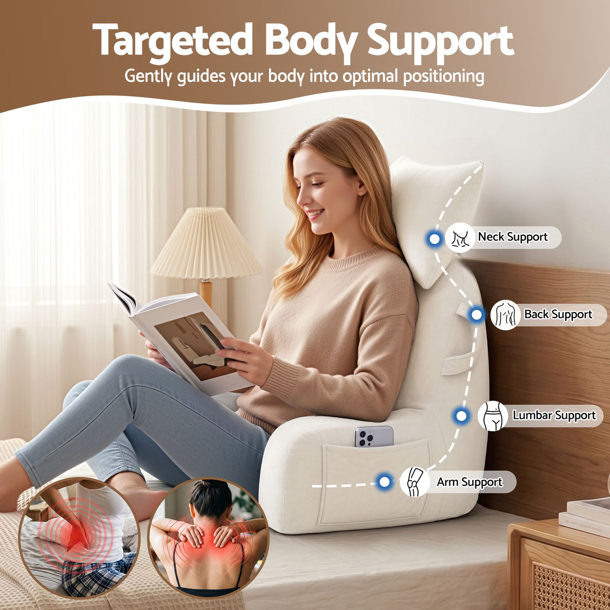 Giselle Bedding Reading Pillow with Detachable Neck Roll & Armrests Sit Up Pillow for Bed Back Support Pillow for Watching TV & Gaming Beige Awezingly