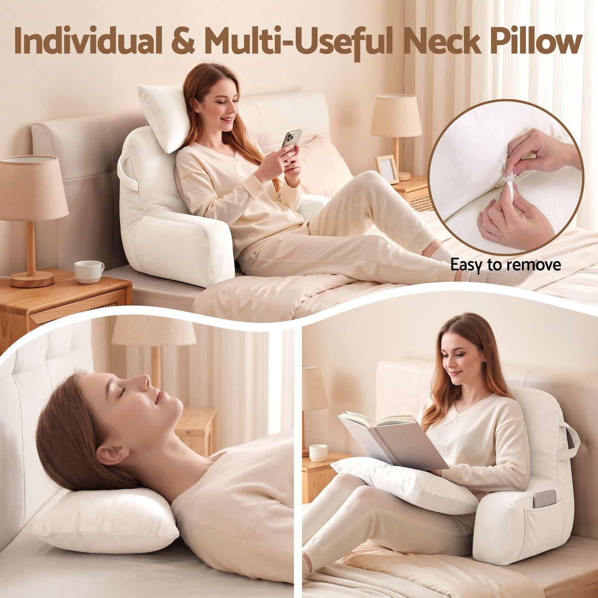 Giselle Bedding Reading Pillow with Detachable Neck Roll & Armrests Sit Up Pillow for Bed Back Support Pillow for Watching TV & Gaming Beige Awezingly