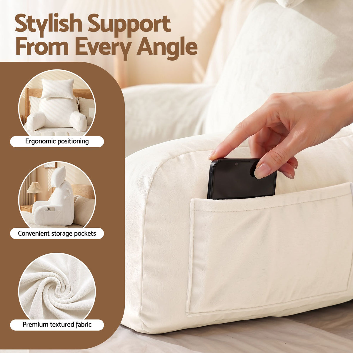 Giselle Bedding Reading Pillow with Detachable Neck Roll & Armrests Sit Up Pillow for Bed Back Support Pillow for Watching TV & Gaming Beige Awezingly