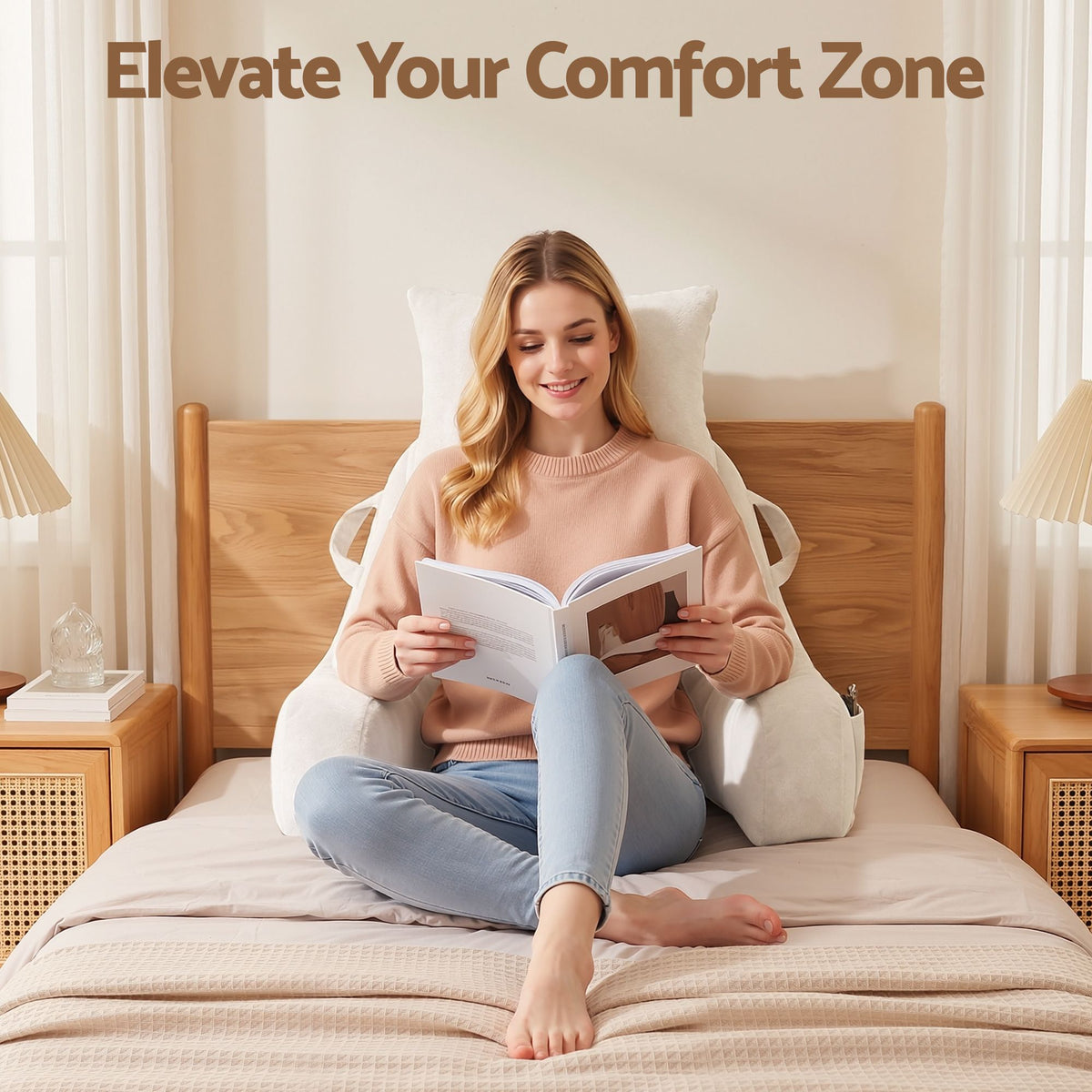 Giselle Bedding Reading Pillow with Detachable Neck Roll & Armrests Sit Up Pillow for Bed Back Support Pillow for Watching TV & Gaming Beige Awezingly