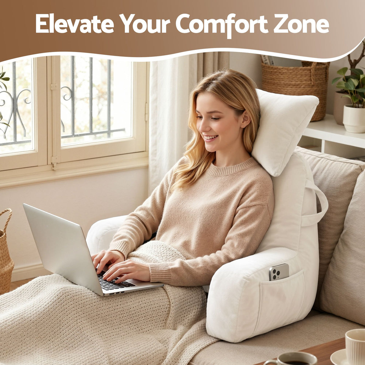 Giselle Bedding Reading Pillow with Detachable Neck Roll & Armrests Sit Up Pillow for Bed Back Support Pillow for Watching TV & Gaming Beige Awezingly