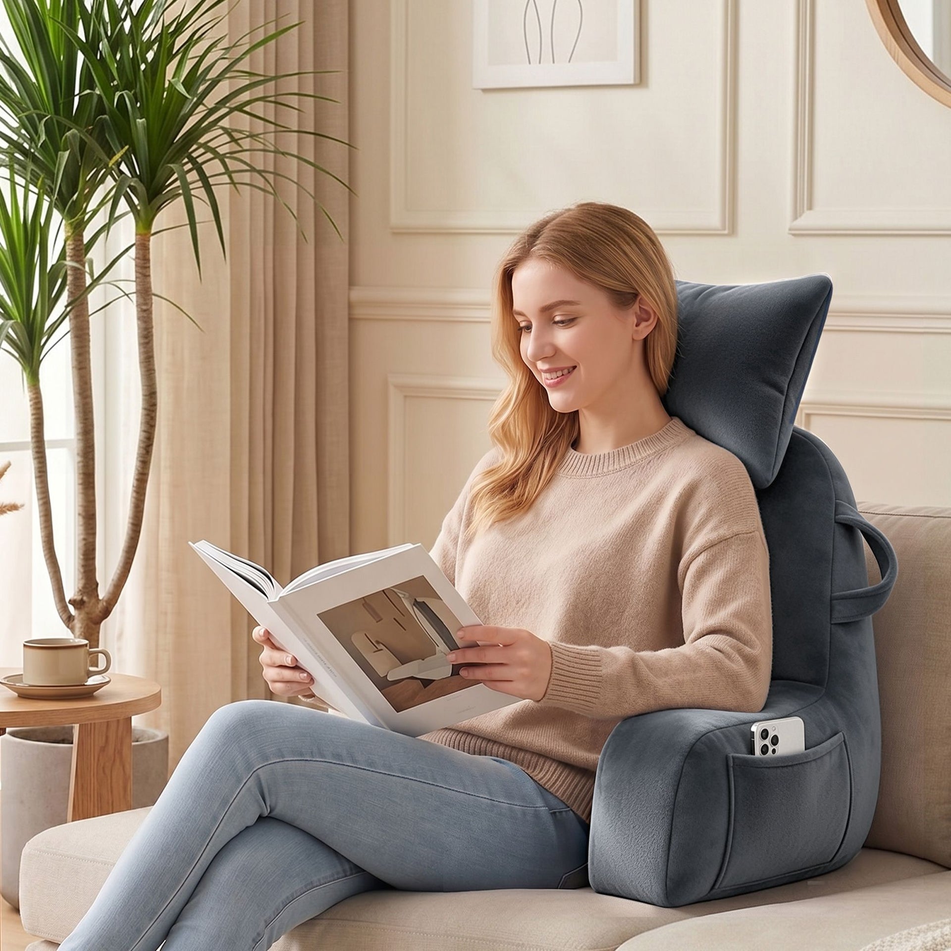 Giselle Bedding Reading Pillow with Detachable Neck Roll & Armrests Sit Up Pillow for Bed Back Support Pillow for Watching TV & Gaming Gray Awezingly