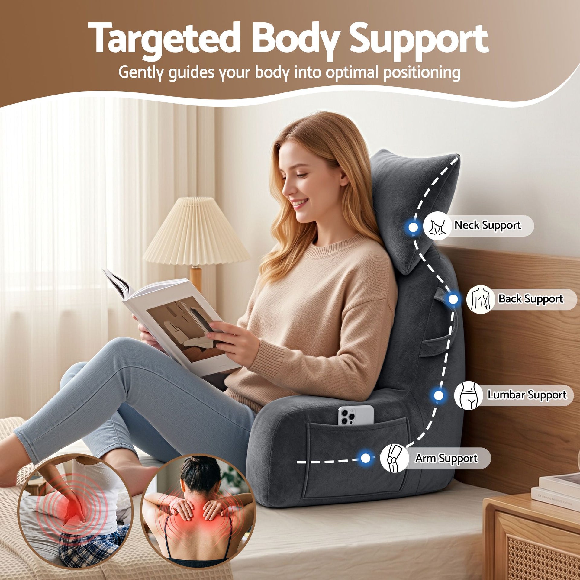 Giselle Bedding Reading Pillow with Detachable Neck Roll & Armrests Sit Up Pillow for Bed Back Support Pillow for Watching TV & Gaming Gray Awezingly
