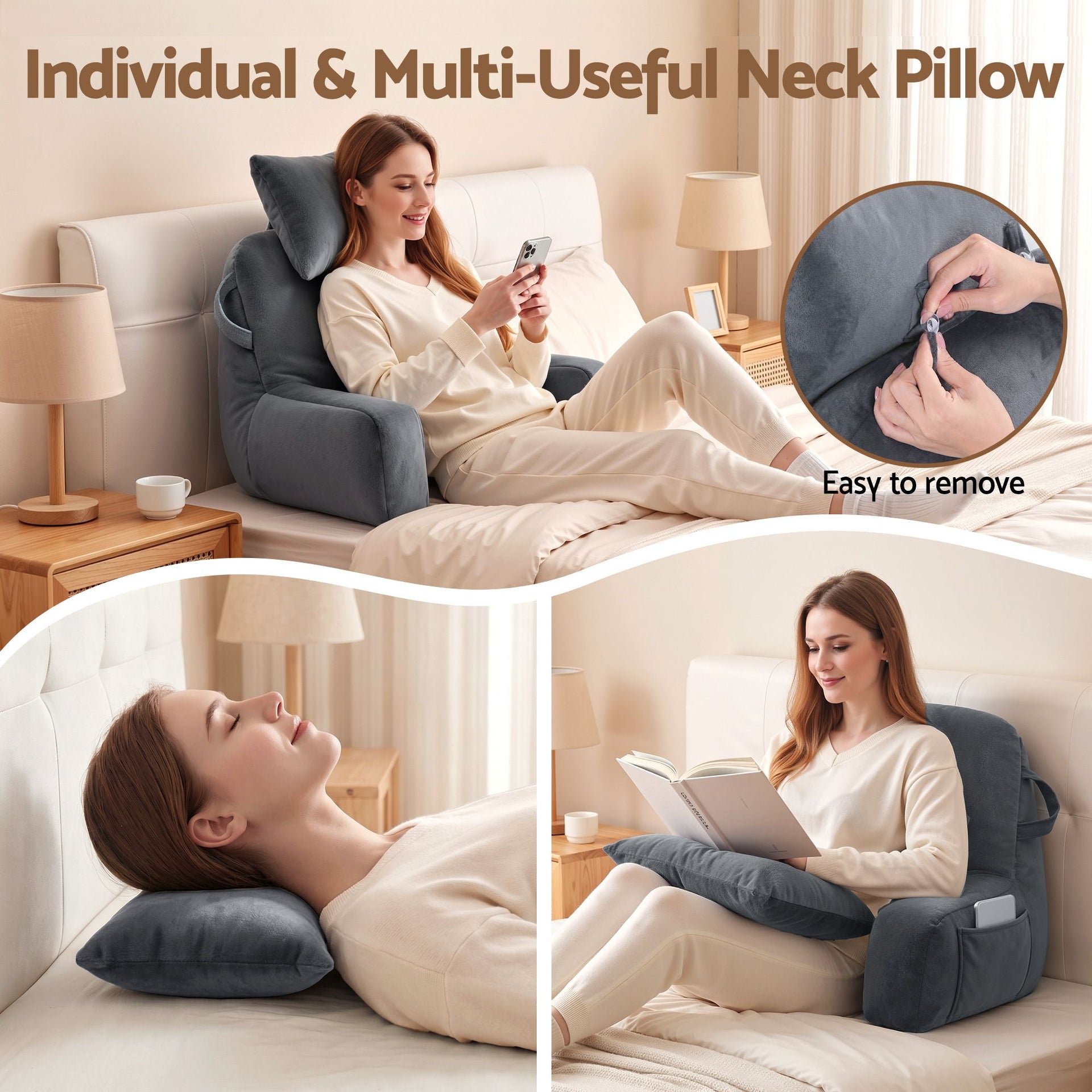 Giselle Bedding Reading Pillow with Detachable Neck Roll & Armrests Sit Up Pillow for Bed Back Support Pillow for Watching TV & Gaming Gray Awezingly