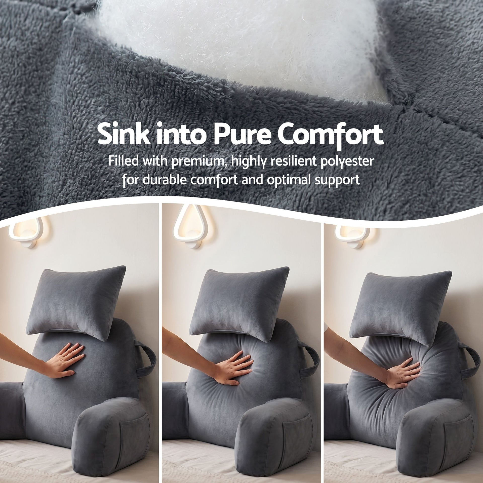 Giselle Bedding Reading Pillow with Detachable Neck Roll & Armrests Sit Up Pillow for Bed Back Support Pillow for Watching TV & Gaming Gray Awezingly