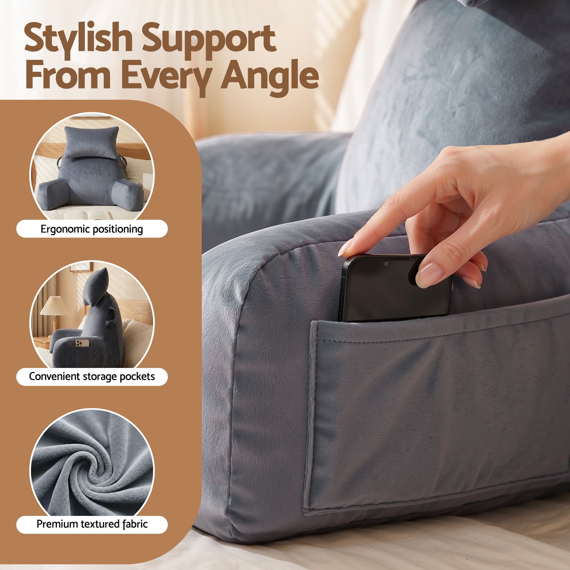 Giselle Bedding Reading Pillow with Detachable Neck Roll & Armrests Sit Up Pillow for Bed Back Support Pillow for Watching TV & Gaming Gray Awezingly
