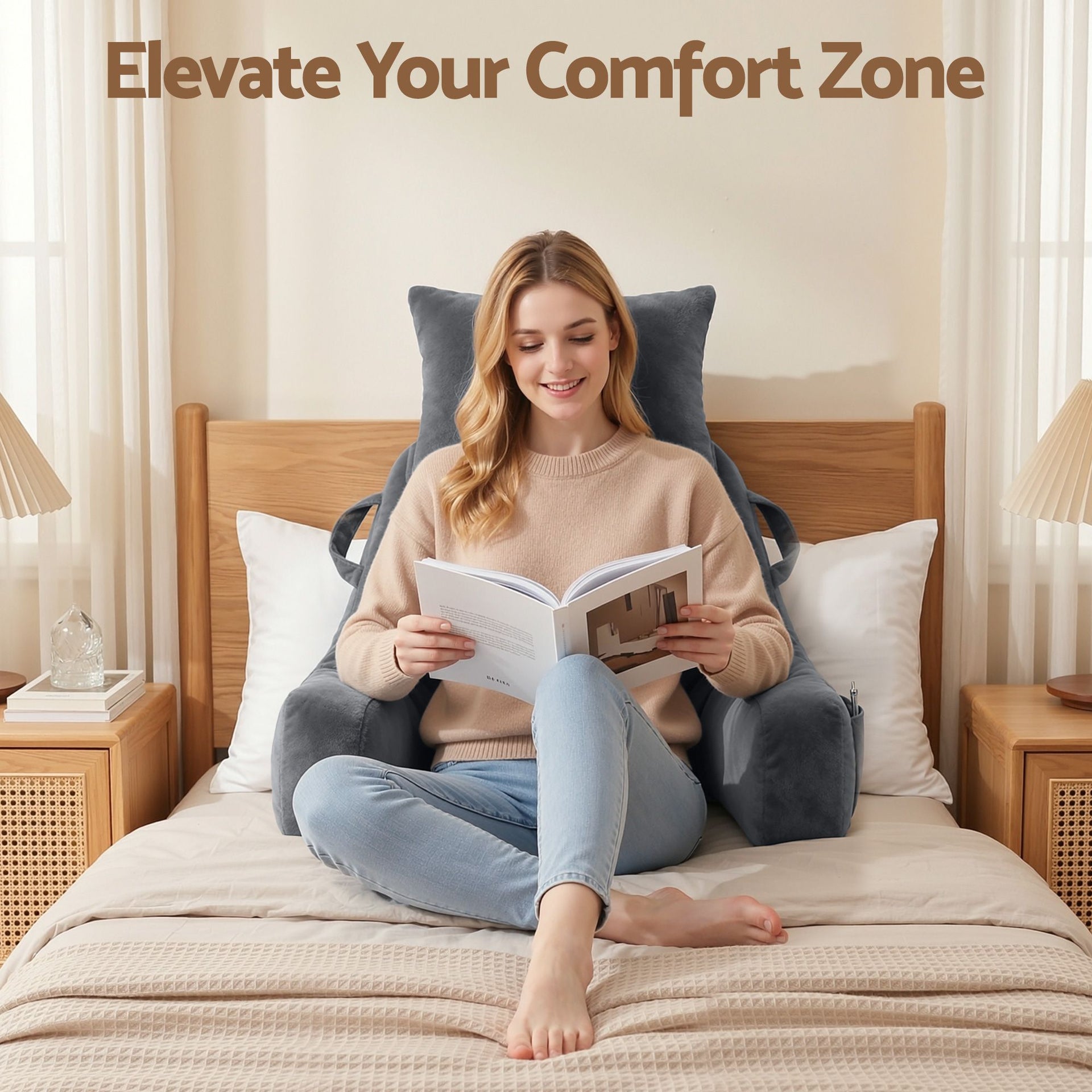 Giselle Bedding Reading Pillow with Detachable Neck Roll & Armrests Sit Up Pillow for Bed Back Support Pillow for Watching TV & Gaming Gray Awezingly