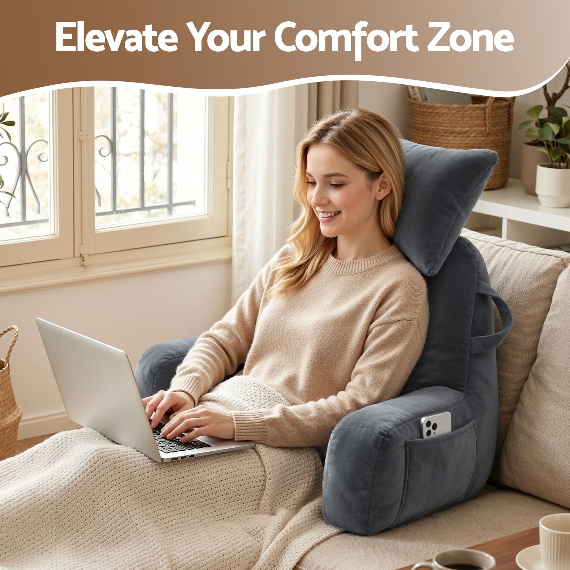 Giselle Bedding Reading Pillow with Detachable Neck Roll & Armrests Sit Up Pillow for Bed Back Support Pillow for Watching TV & Gaming Gray Awezingly