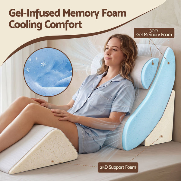 Giselle 4PCS Orthopedic Bed Wedge Pillow Set Anti-Slip Velcro System For Sleeping, 30D Gel Memory Foam Support Cushions For Acid Reflux And Leg Elevation Awezingly