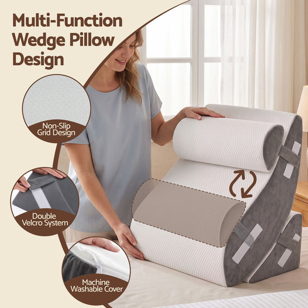 Giselle 4PCS Orthopedic Bed Wedge Pillow Set Anti-Slip Velcro System For Sleeping, 30D Gel Memory Foam Support Cushions For Acid Reflux And Leg Elevation Awezingly
