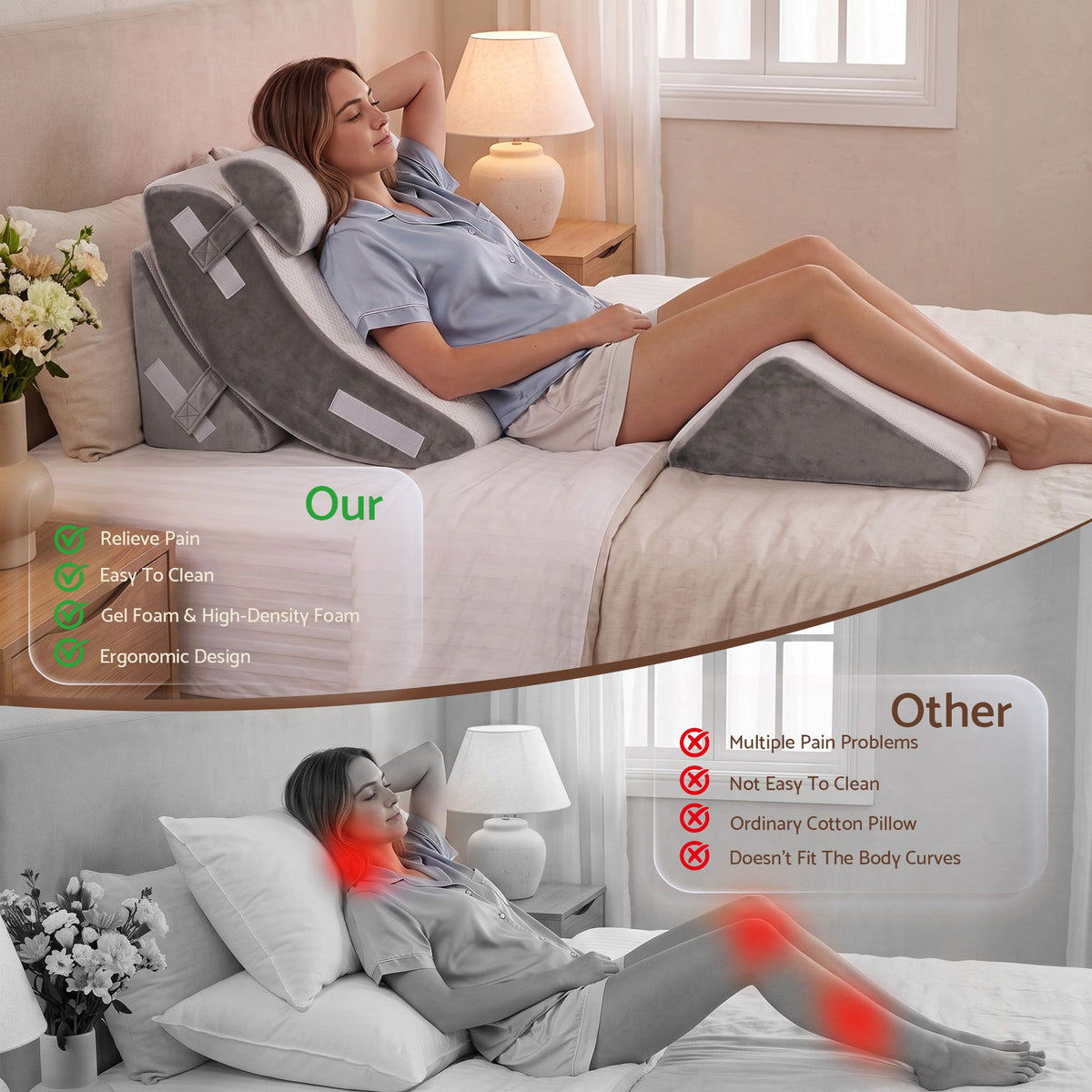 Giselle 4PCS Orthopedic Bed Wedge Pillow Set Anti-Slip Velcro System For Sleeping, 30D Gel Memory Foam Support Cushions For Acid Reflux And Leg Elevation Awezingly