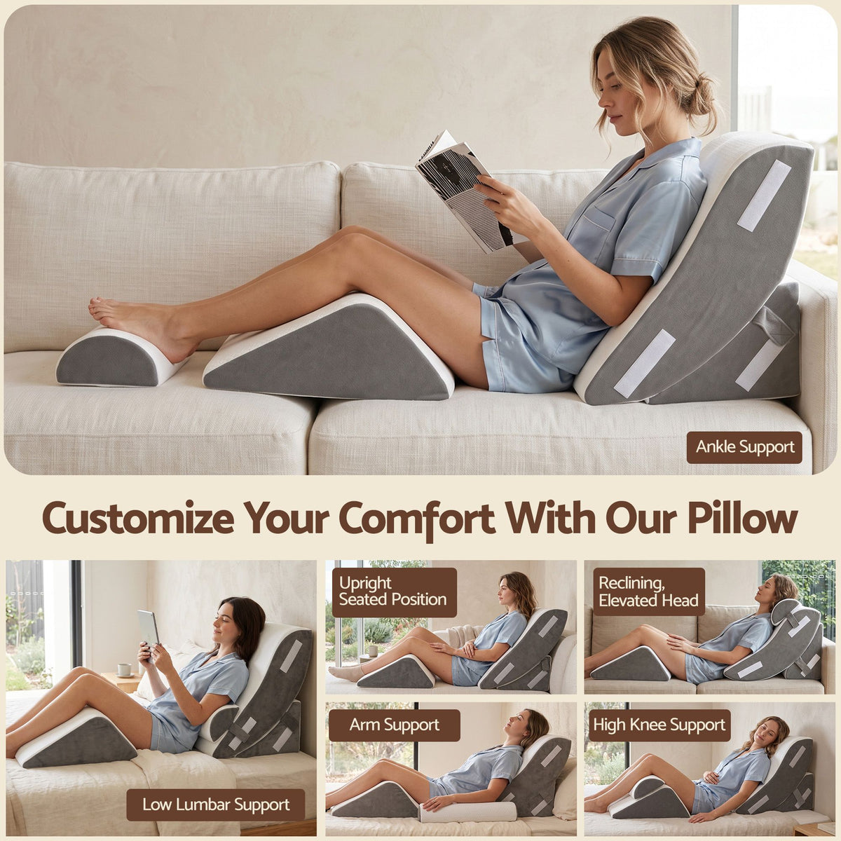 Giselle 4PCS Orthopedic Bed Wedge Pillow Set Anti-Slip Velcro System For Sleeping, 30D Gel Memory Foam Support Cushions For Acid Reflux And Leg Elevation Awezingly