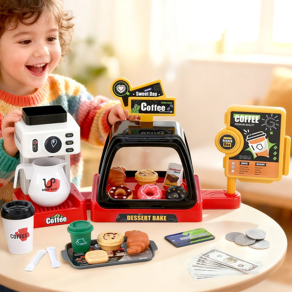Keezi Kids Pretend Role Play Toy Coffee Shop with Coffee Maker Machine Play Money Food Tea Party Set Awezingly