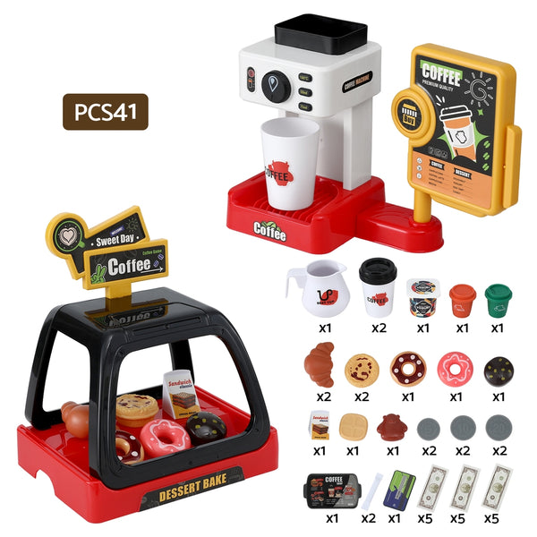 Keezi Kids Pretend Role Play Toy Coffee Shop with Coffee Maker Machine Play Money Food Tea Party Set Awezingly