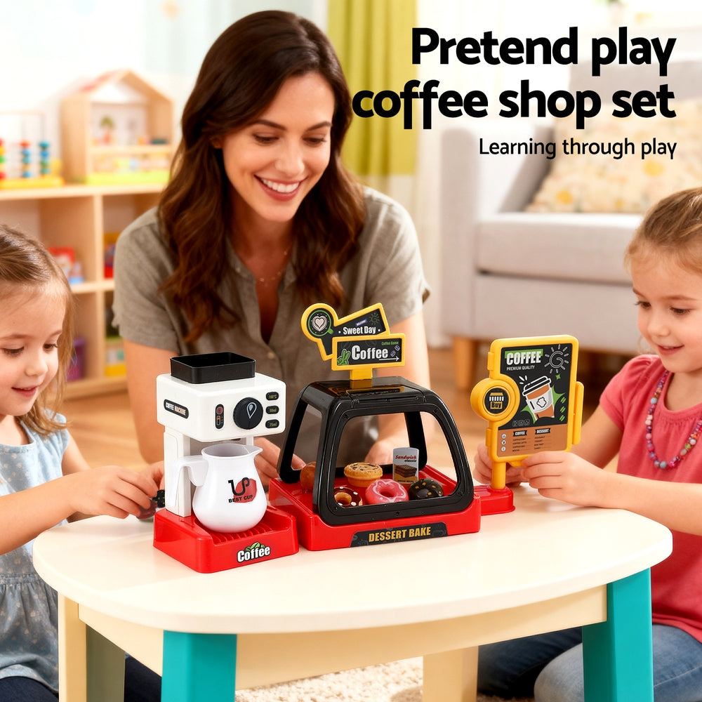 Keezi Kids Pretend Role Play Toy Coffee Shop with Coffee Maker Machine Play Money Food Tea Party Set Awezingly