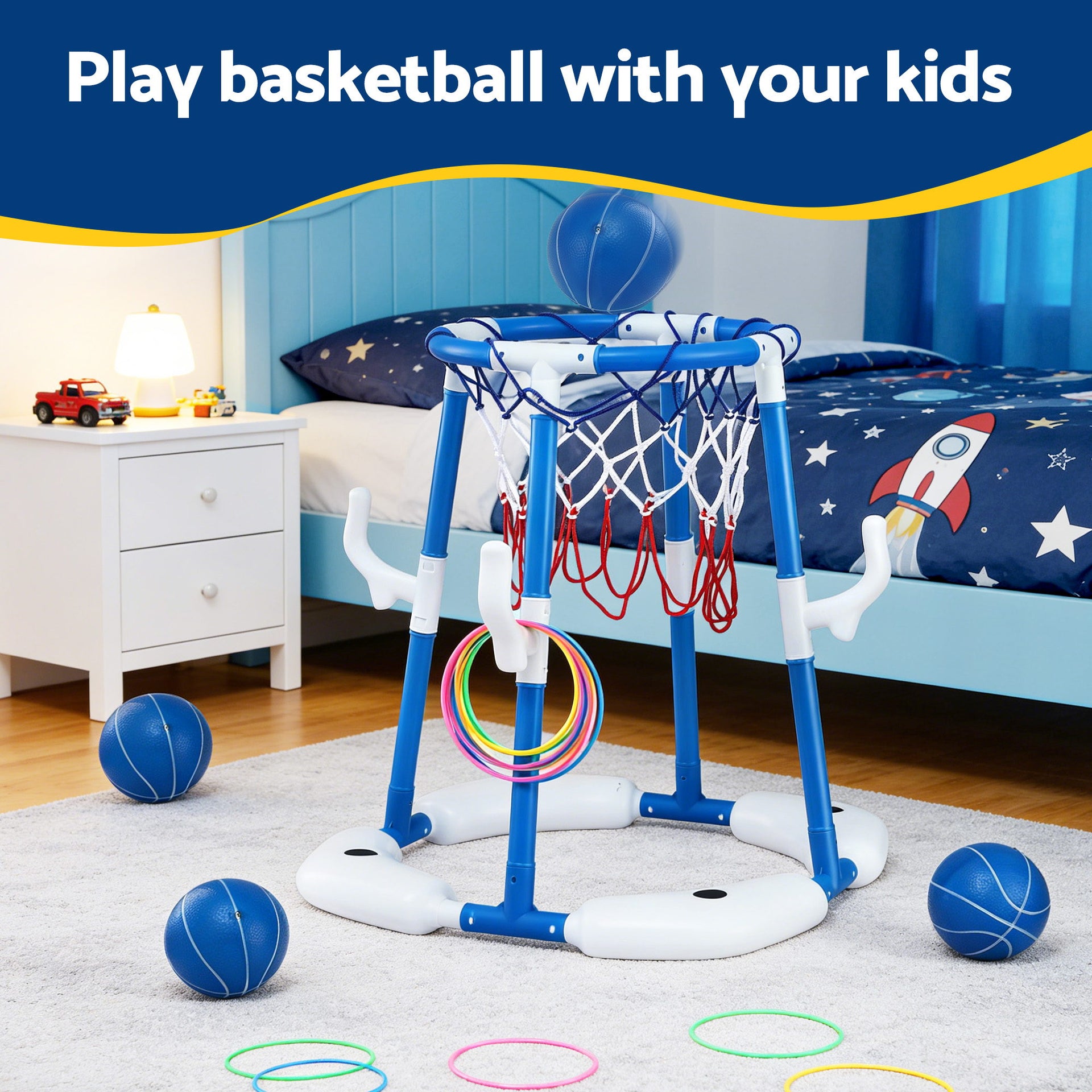 Keezi Kids Basketball Hoop with 4 balls Ring Toss Sports Pool Toys Blue Awezingly