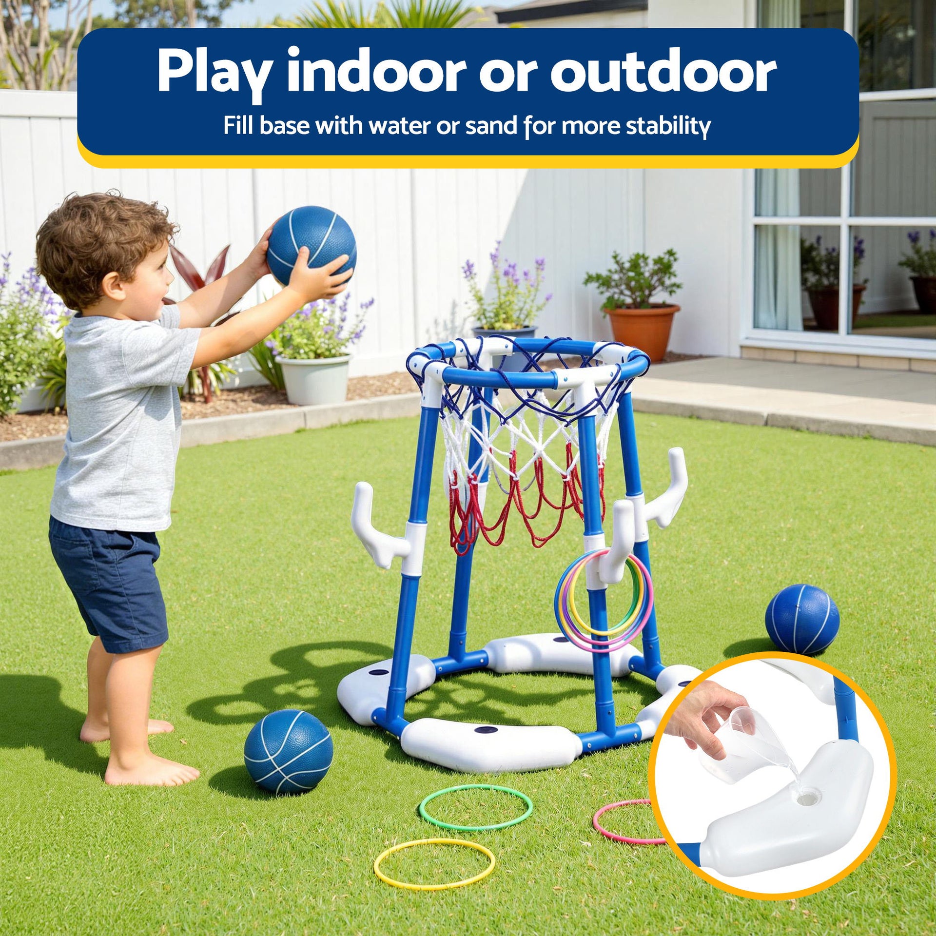 Keezi Kids Basketball Hoop with 4 balls Ring Toss Sports Pool Toys Blue Awezingly