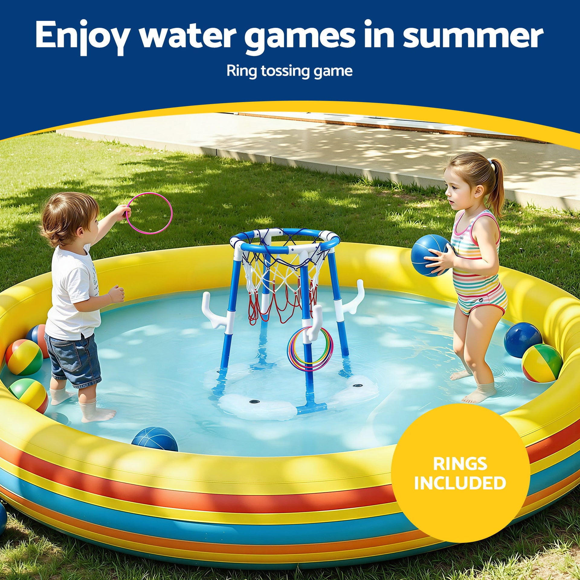 Keezi Kids Basketball Hoop with 4 balls Ring Toss Sports Pool Toys Blue Awezingly