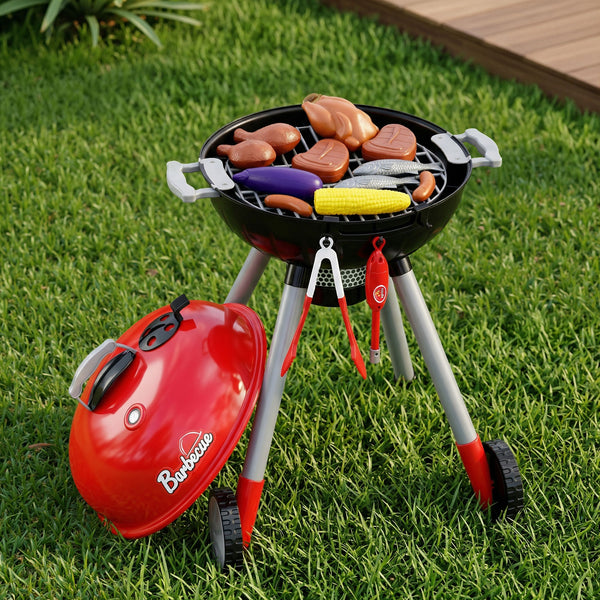 Keezi Kids Pretend Kitchen BBQ Playset Role Play Toy with charcoal Play Food Cup Awezingly