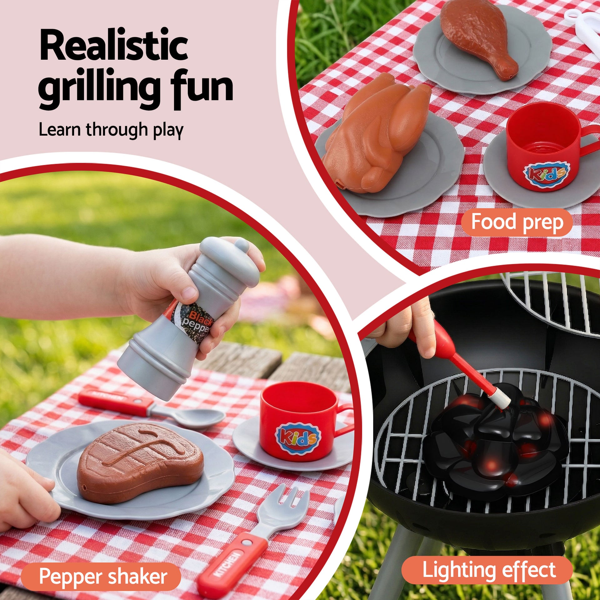 Keezi Kids Pretend Kitchen BBQ Playset Role Play Toy with charcoal Play Food Cup Awezingly