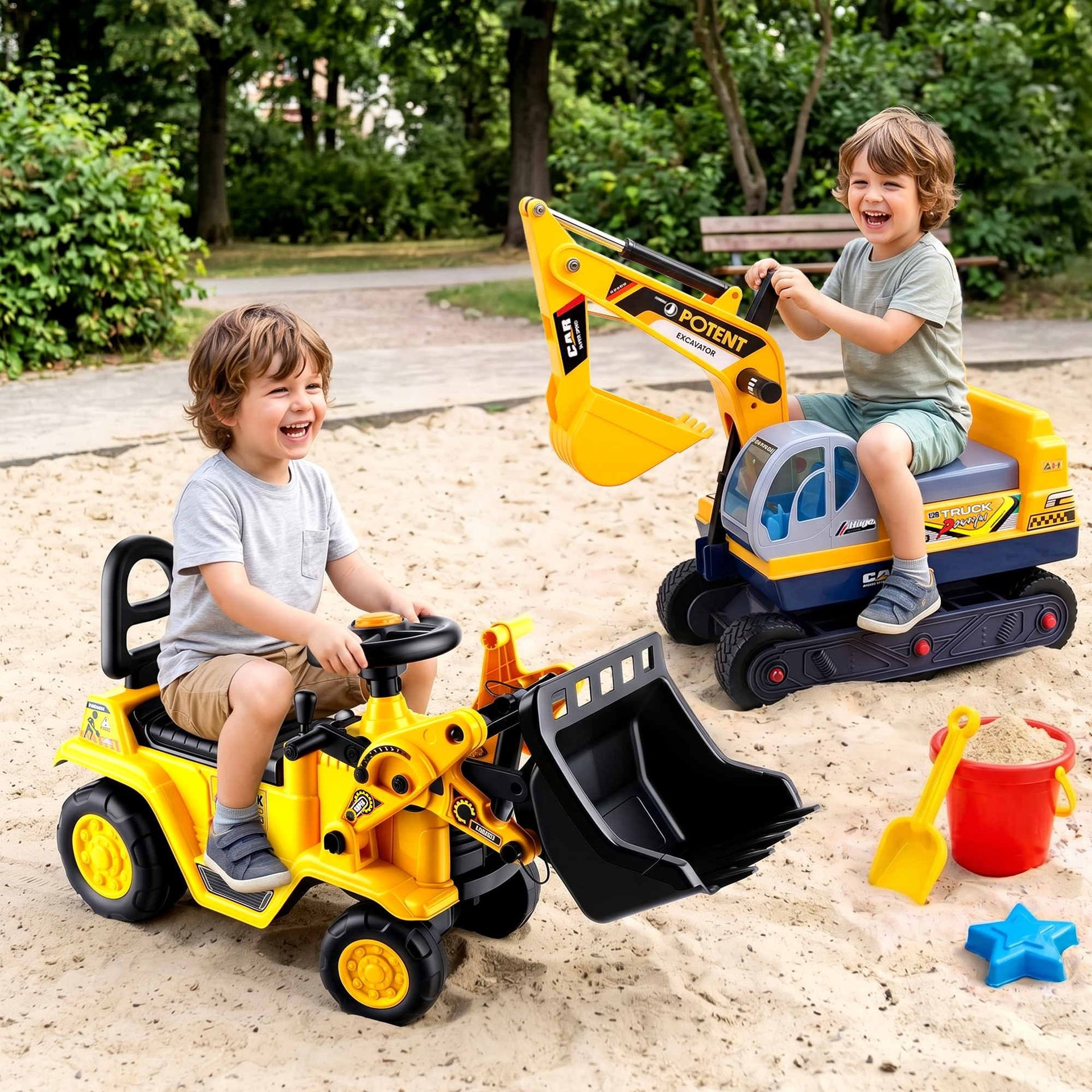 Keezi Kids Ride On Toy Car Bulldozer and Digger with Helmet Outdoor Sandpit Toys Yellow Keezi