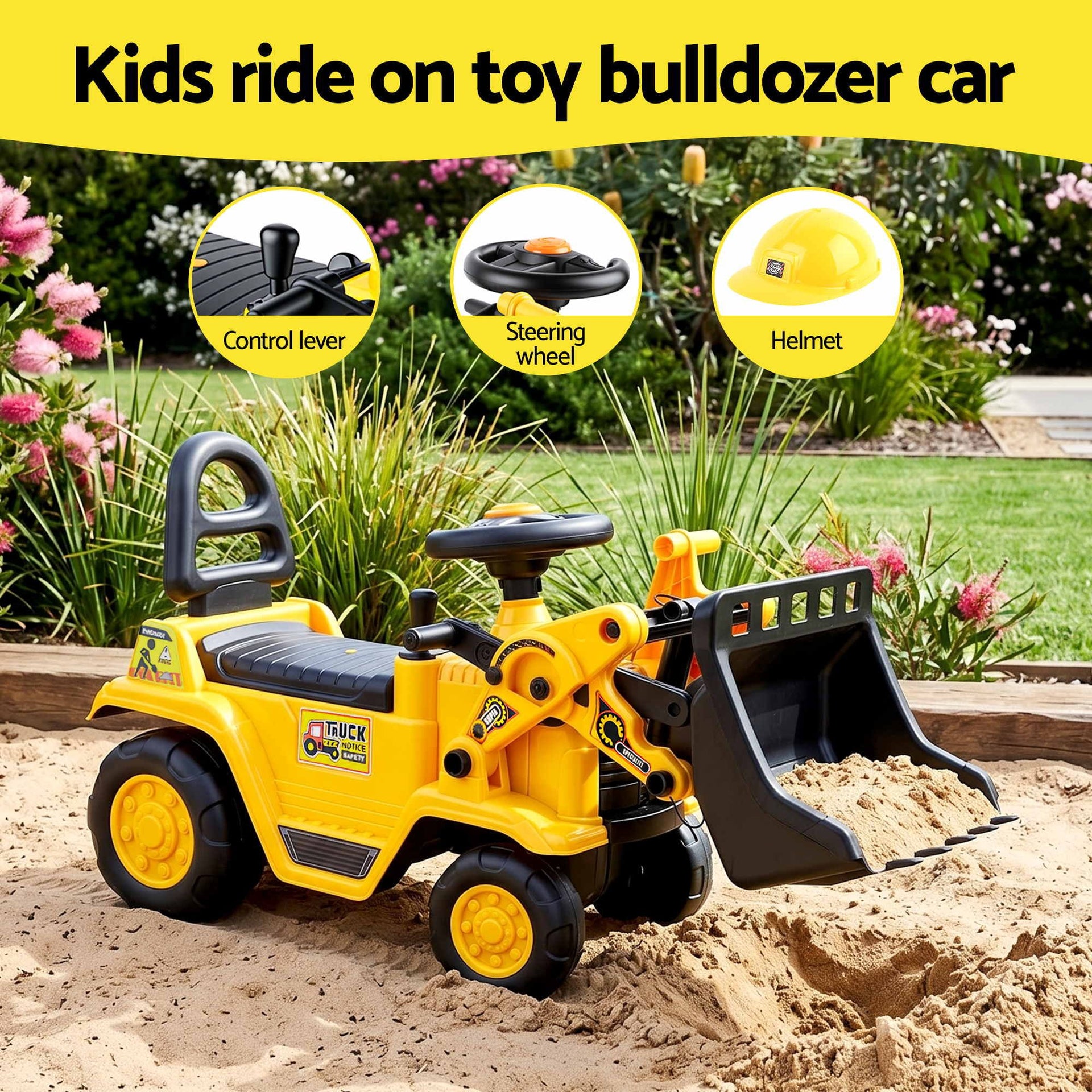 Keezi Kids Ride On Toy Car Bulldozer and Digger with Helmet Outdoor Sandpit Toys Yellow Keezi