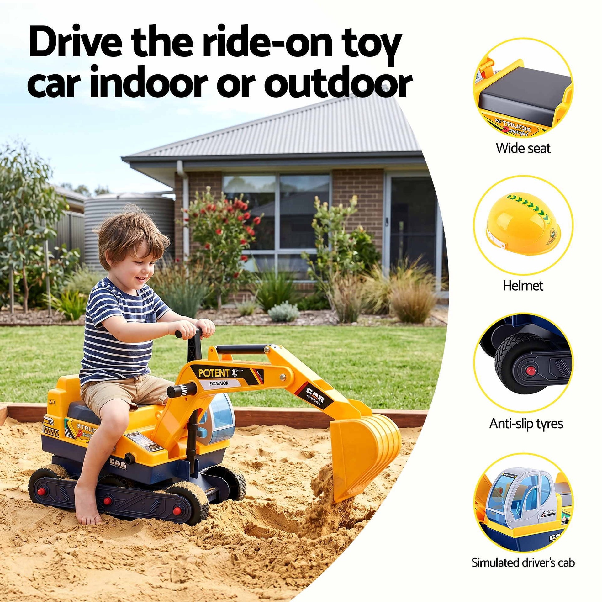 Keezi Kids Ride On Toy Car Bulldozer and Digger with Helmet Outdoor Sandpit Toys Yellow Keezi