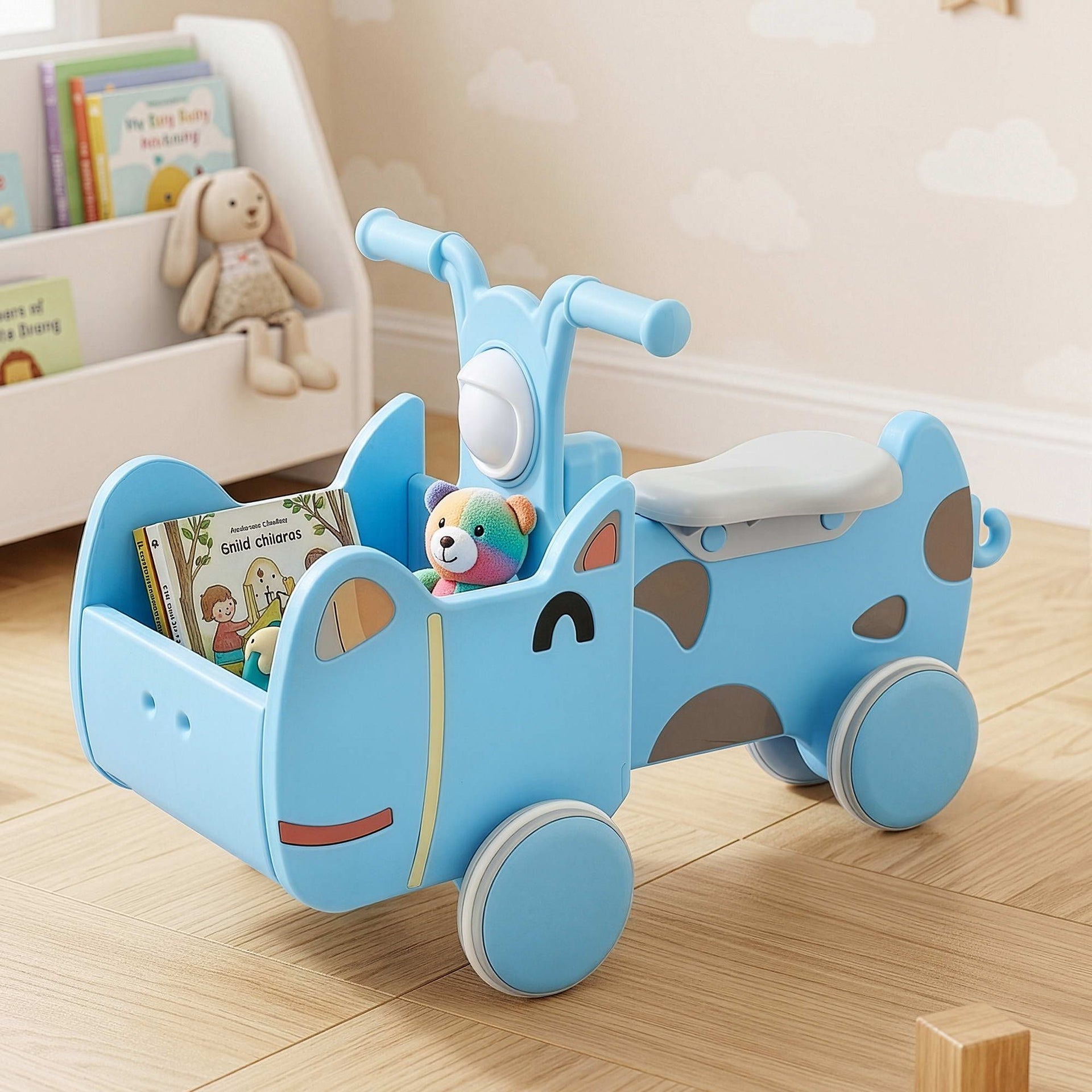 KEEZI Kids Ride On Push Car Toys with Storage Space Animal Stickers Blue 67CMX43CM Awezingly