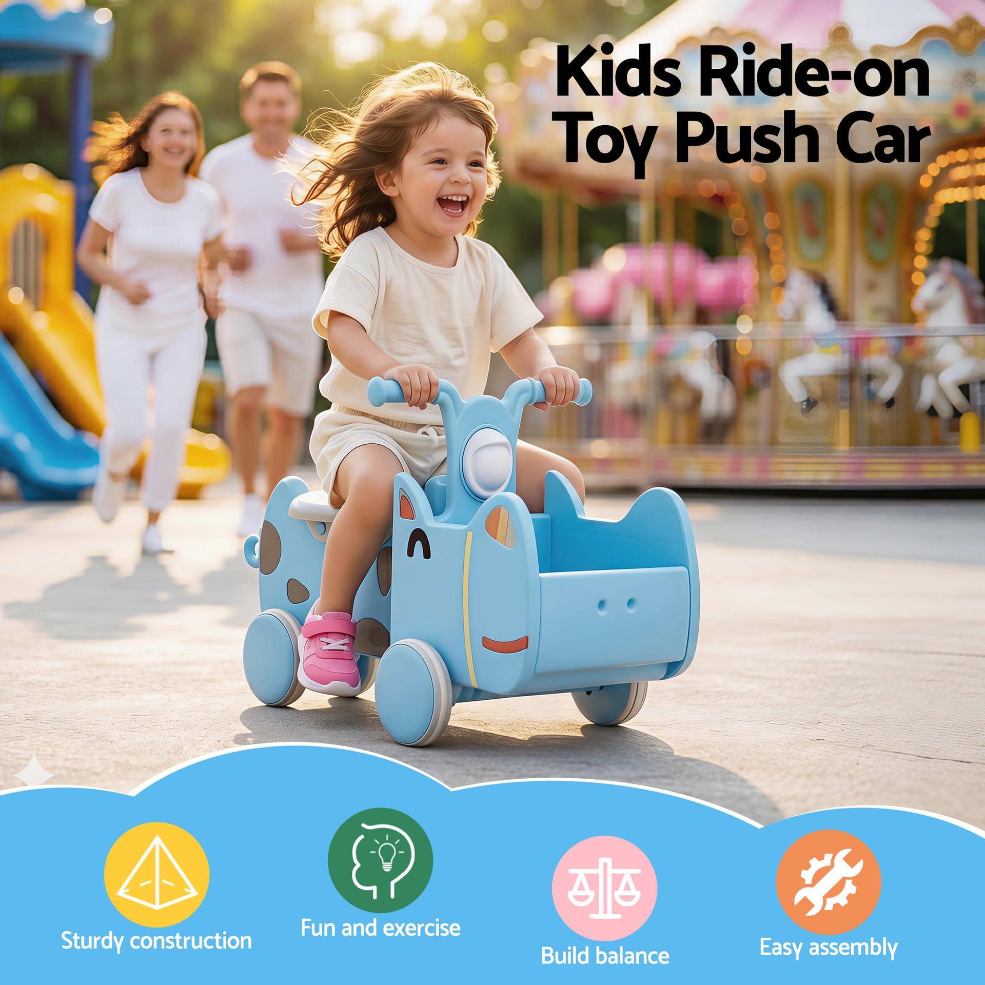 KEEZI Kids Ride On Push Car Toys with Storage Space Animal Stickers Blue 67CMX43CM Awezingly