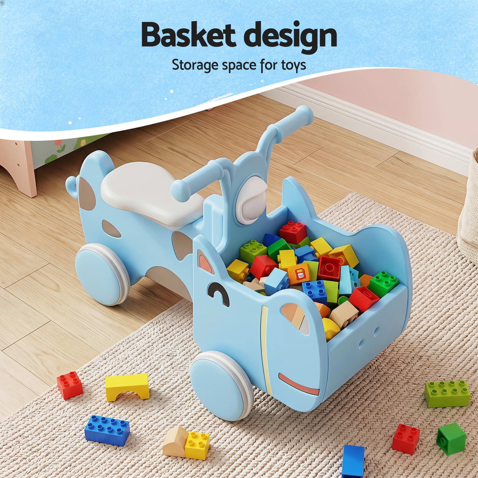 KEEZI Kids Ride On Push Car Toys with Storage Space Animal Stickers Blue 67CMX43CM Awezingly