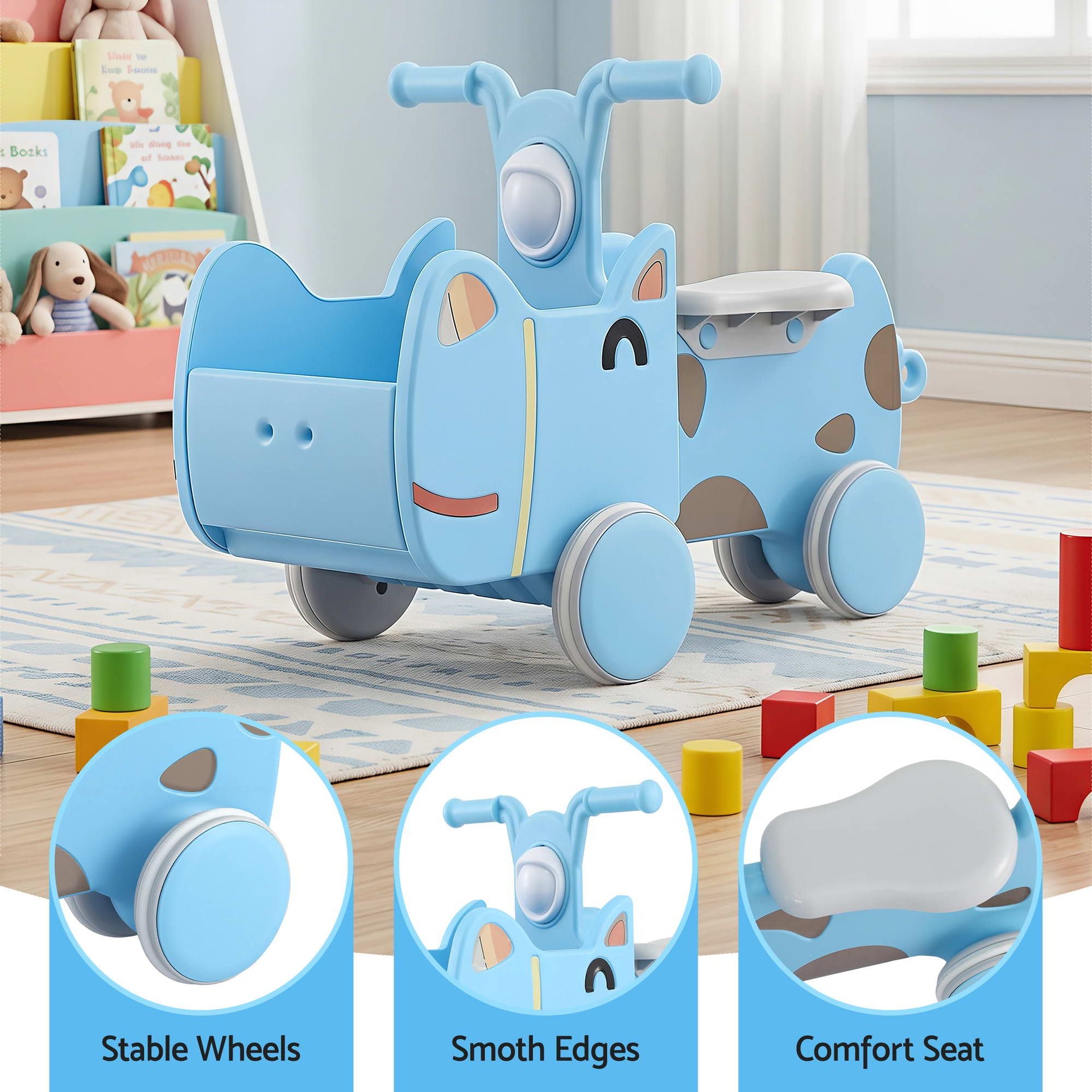 KEEZI Kids Ride On Push Car Toys with Storage Space Animal Stickers Blue 67CMX43CM Awezingly
