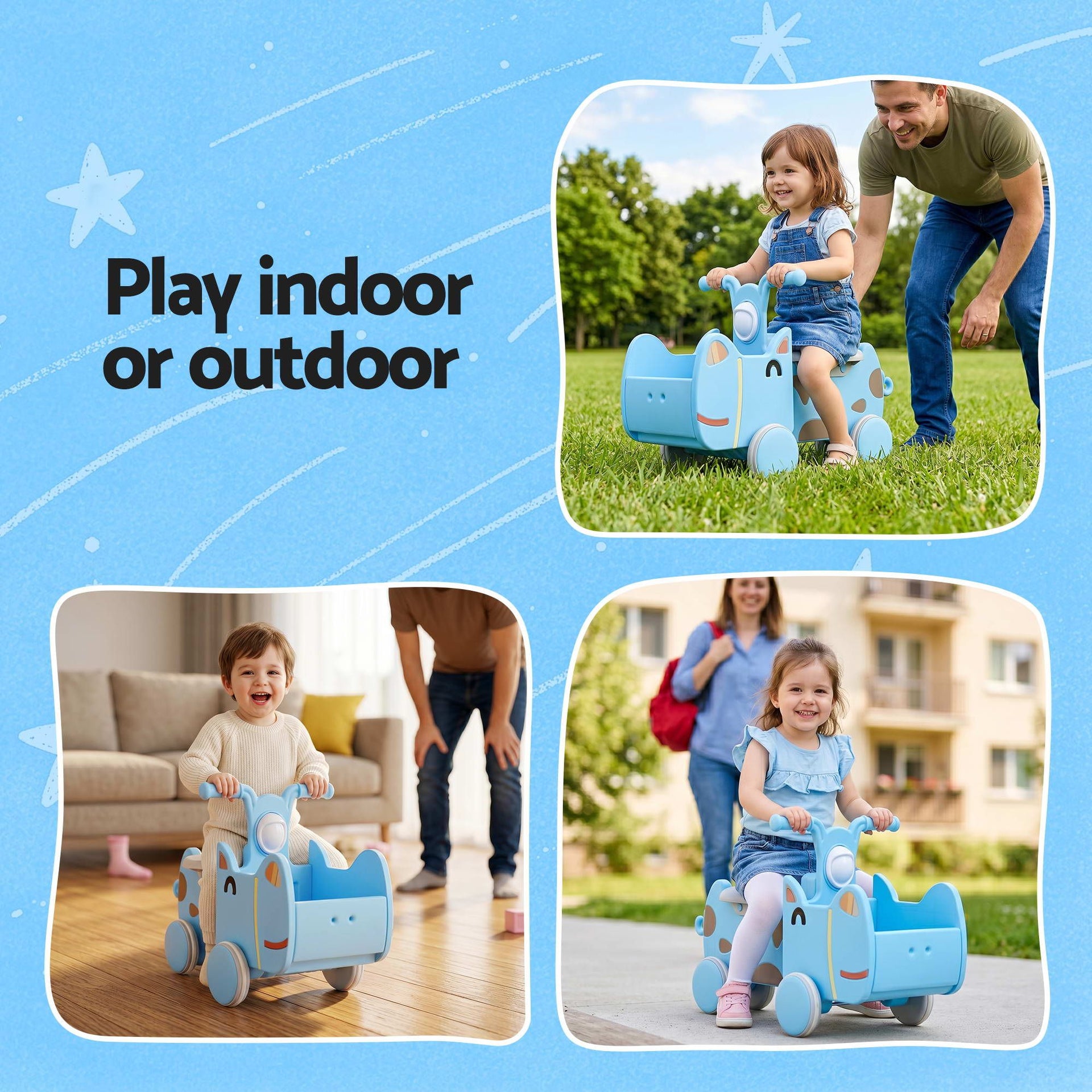 KEEZI Kids Ride On Push Car Toys with Storage Space Animal Stickers Blue 67CMX43CM Awezingly