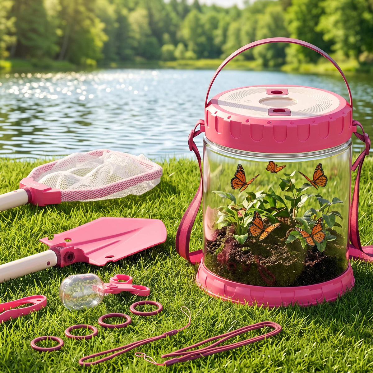 Keezi Kids Bug Catcher Kit 12pc Outdoor Explorer Toys Insect Viewer Net Shovel Pink Awezingly