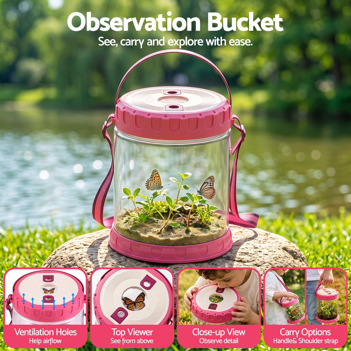 Keezi Kids Bug Catcher Kit 12pc Outdoor Explorer Toys Insect Viewer Net Shovel Pink Awezingly