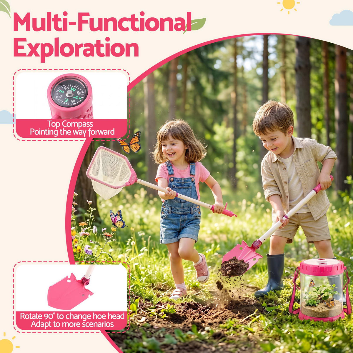Keezi Kids Bug Catcher Kit 12pc Outdoor Explorer Toys Insect Viewer Net Shovel Pink Awezingly