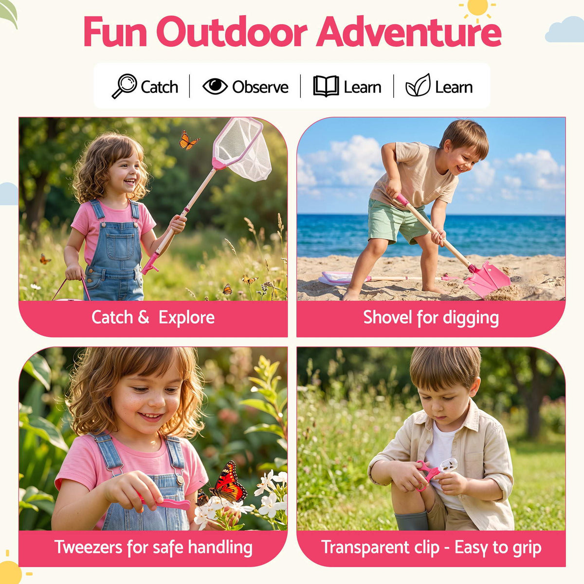 Keezi Kids Bug Catcher Kit 12pc Outdoor Explorer Toys Insect Viewer Net Shovel Pink Awezingly