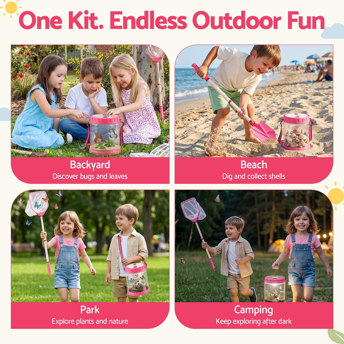 Keezi Kids Bug Catcher Kit 12pc Outdoor Explorer Toys Insect Viewer Net Shovel Pink Awezingly