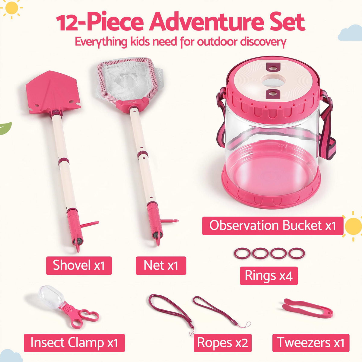 Keezi Kids Bug Catcher Kit 12pc Outdoor Explorer Toys Insect Viewer Net Shovel Pink Awezingly