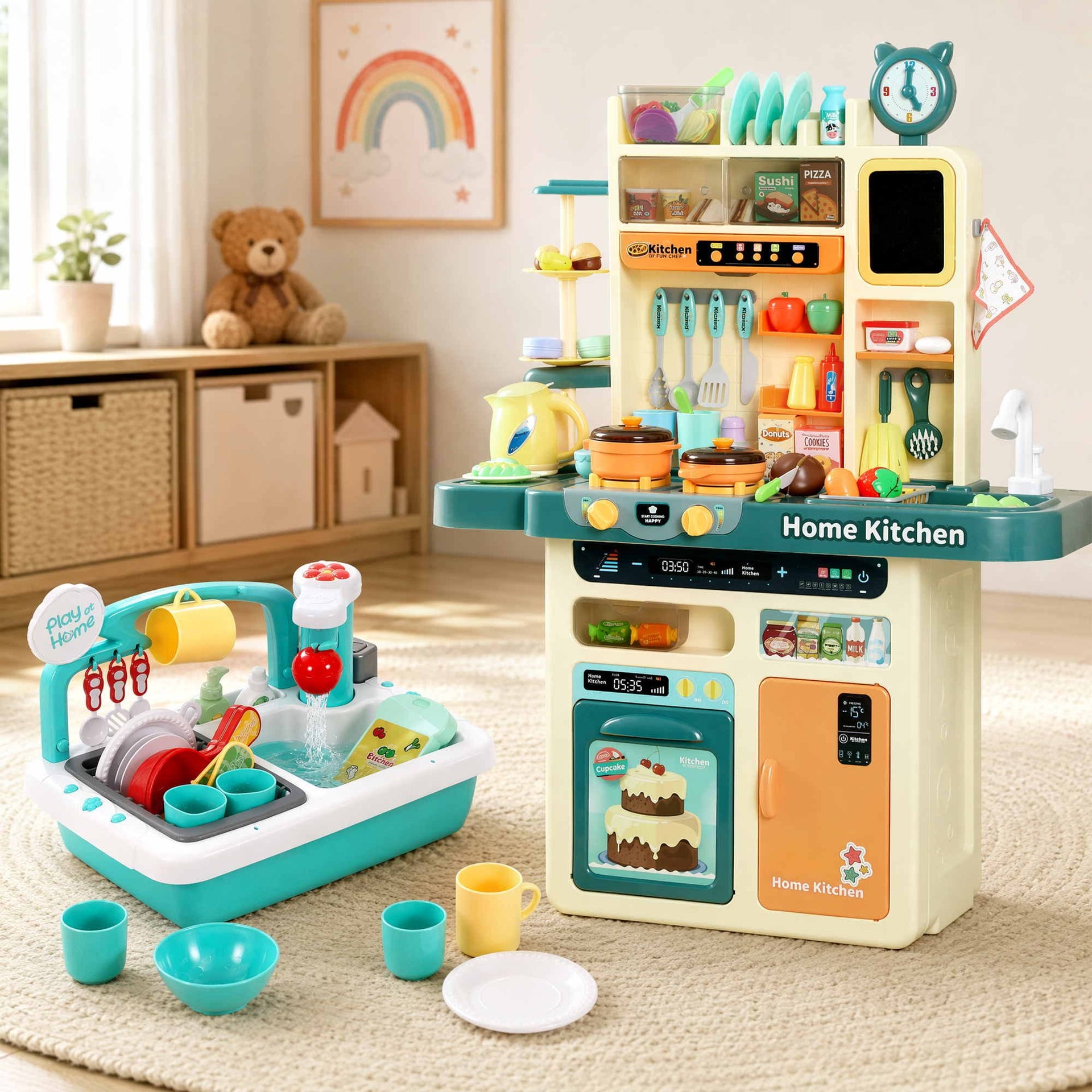 Keezi 2 Piece Kids Pretend Kitchen and Washing Playset Sink Toys Awezingly